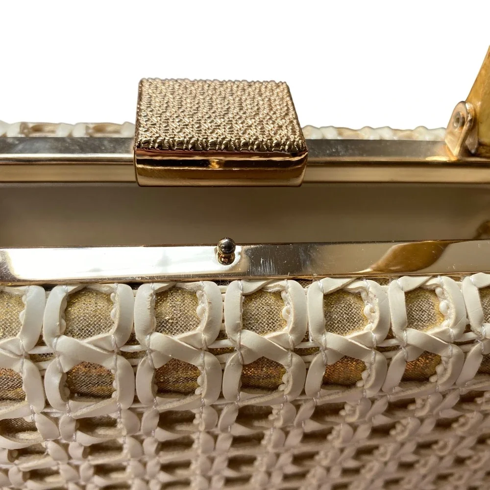 Cream Gold Woven Wicker Box Clutch Bamboo Handle Crossbody Bag
